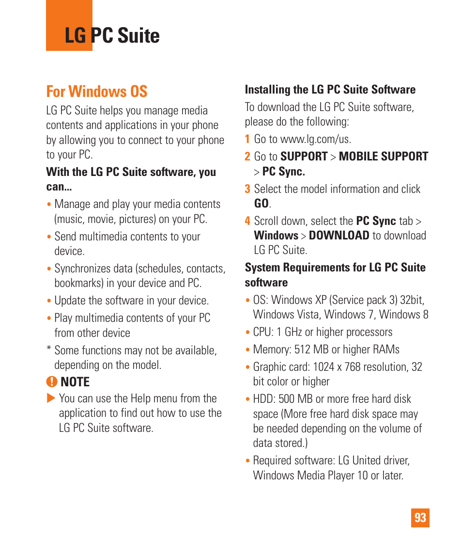 Lg pc suite, Lg pc suite for windows os, For windows os | LG LGD850 User Manual | Page 93 / 131
