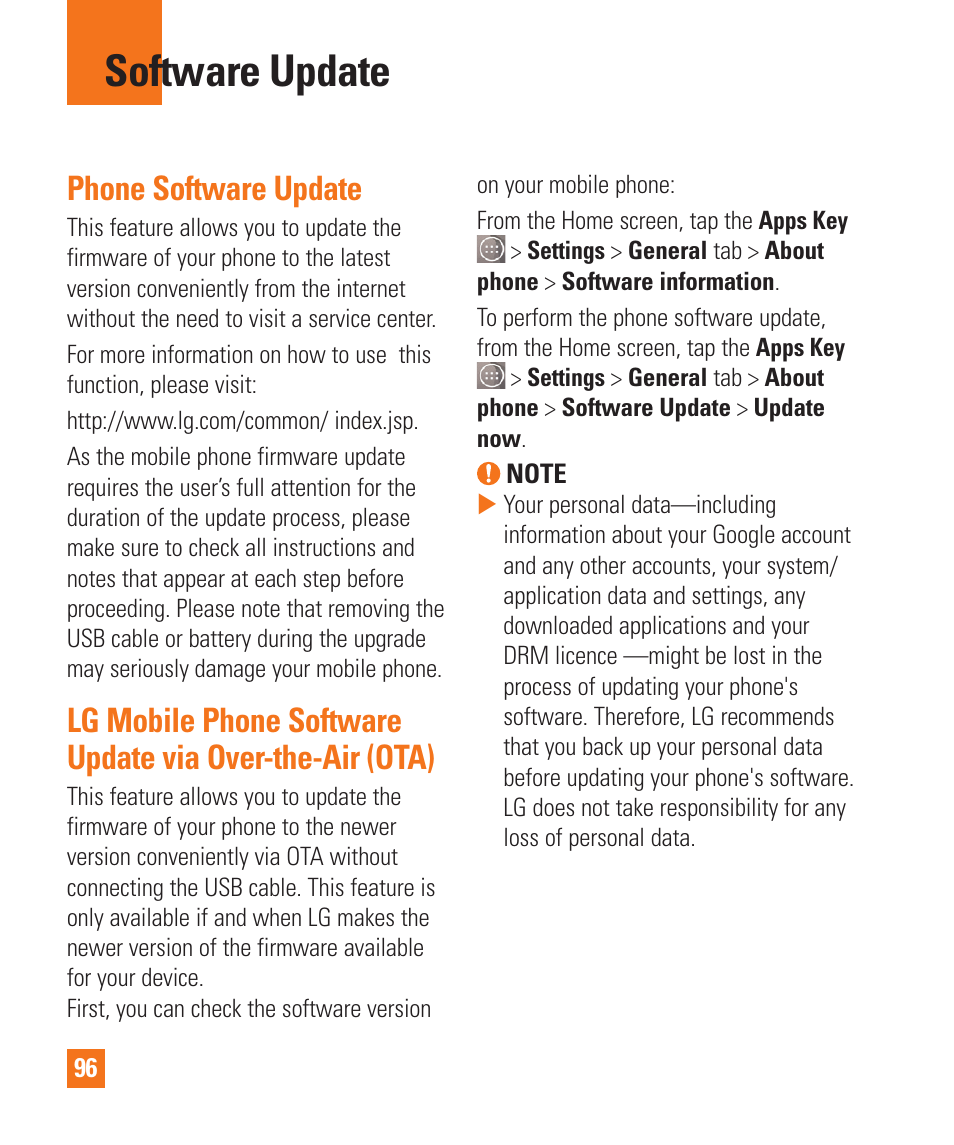 Software update, Phone software update | LG LGD850 User Manual | Page 96 / 131