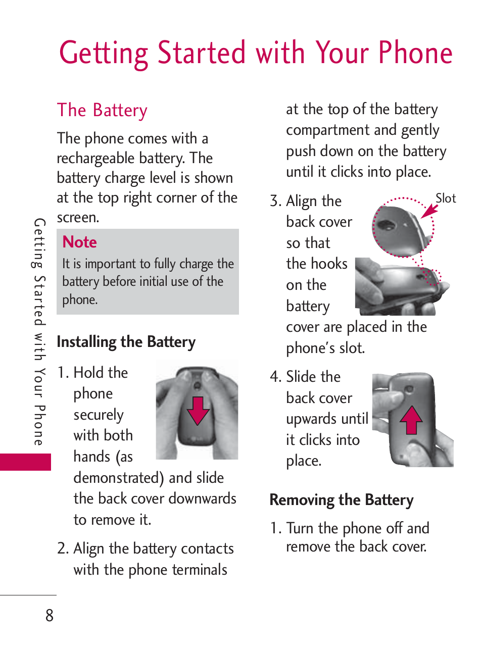 Getting started with your phone, The battery | LG LG505C User Manual | Page 10 / 245