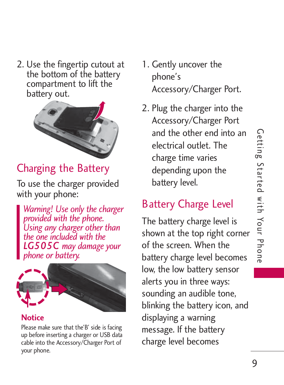 Charging the battery, Battery charge level | LG LG505C User Manual | Page 11 / 245