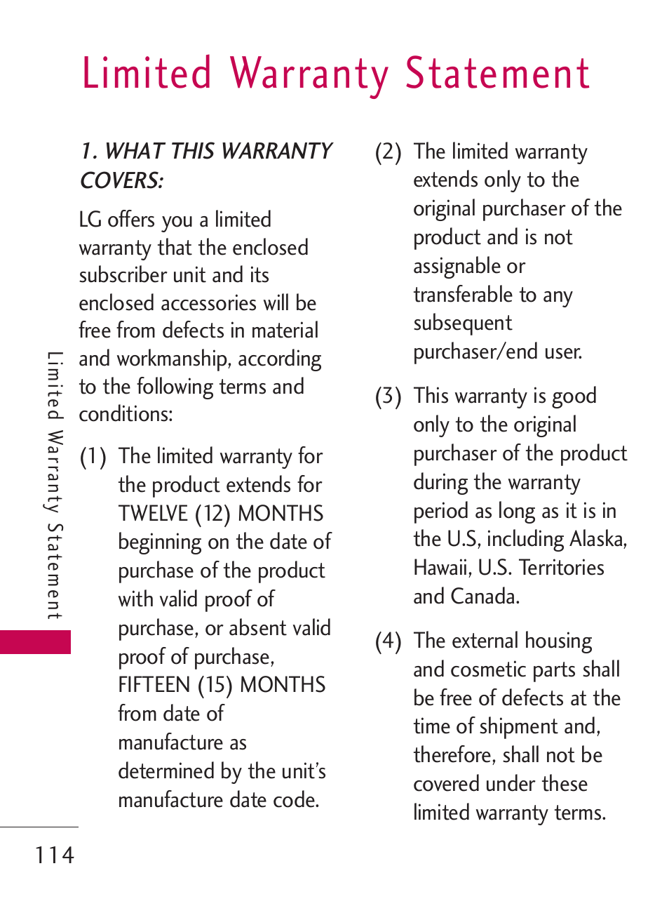 Limited warranty statement | LG LG505C User Manual | Page 116 / 245