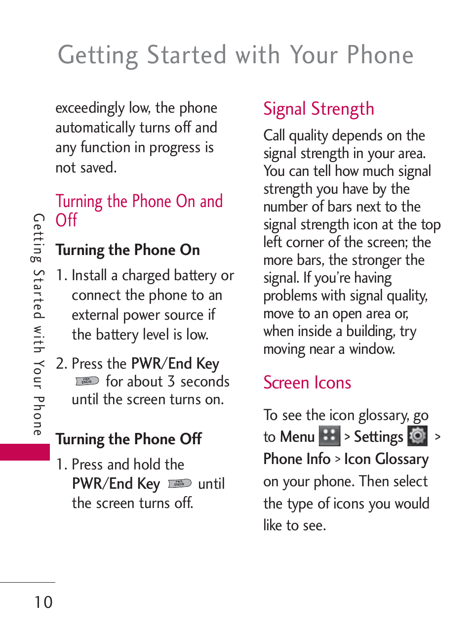 Getting started with your phone, Turning the phone on and off, Signal strength | Screen icons | LG LG505C User Manual | Page 12 / 245