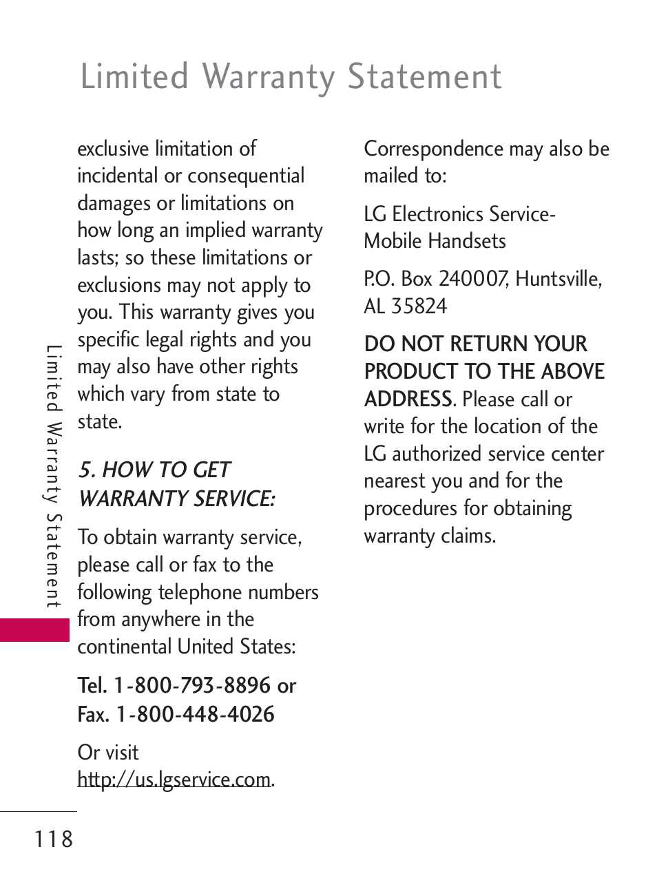 Limited warranty statement | LG LG505C User Manual | Page 120 / 245