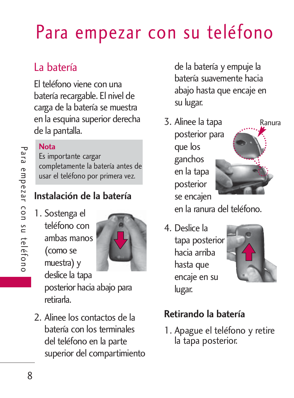 Para empezar con su teléfono, La batería | LG LG505C User Manual | Page 128 / 245