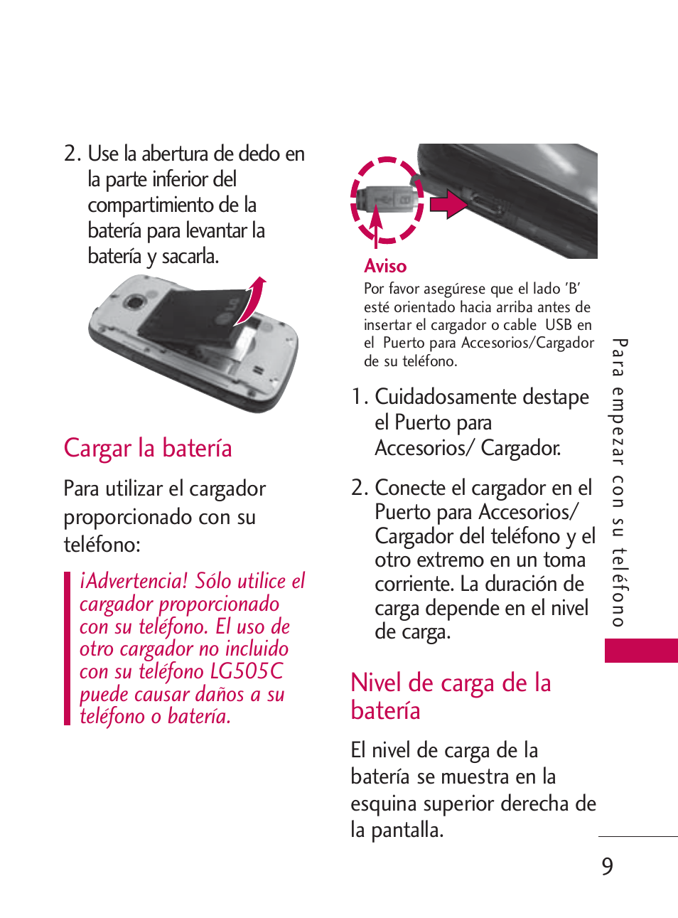 Cargar la batería, Nivel de carga de la batería | LG LG505C User Manual | Page 129 / 245