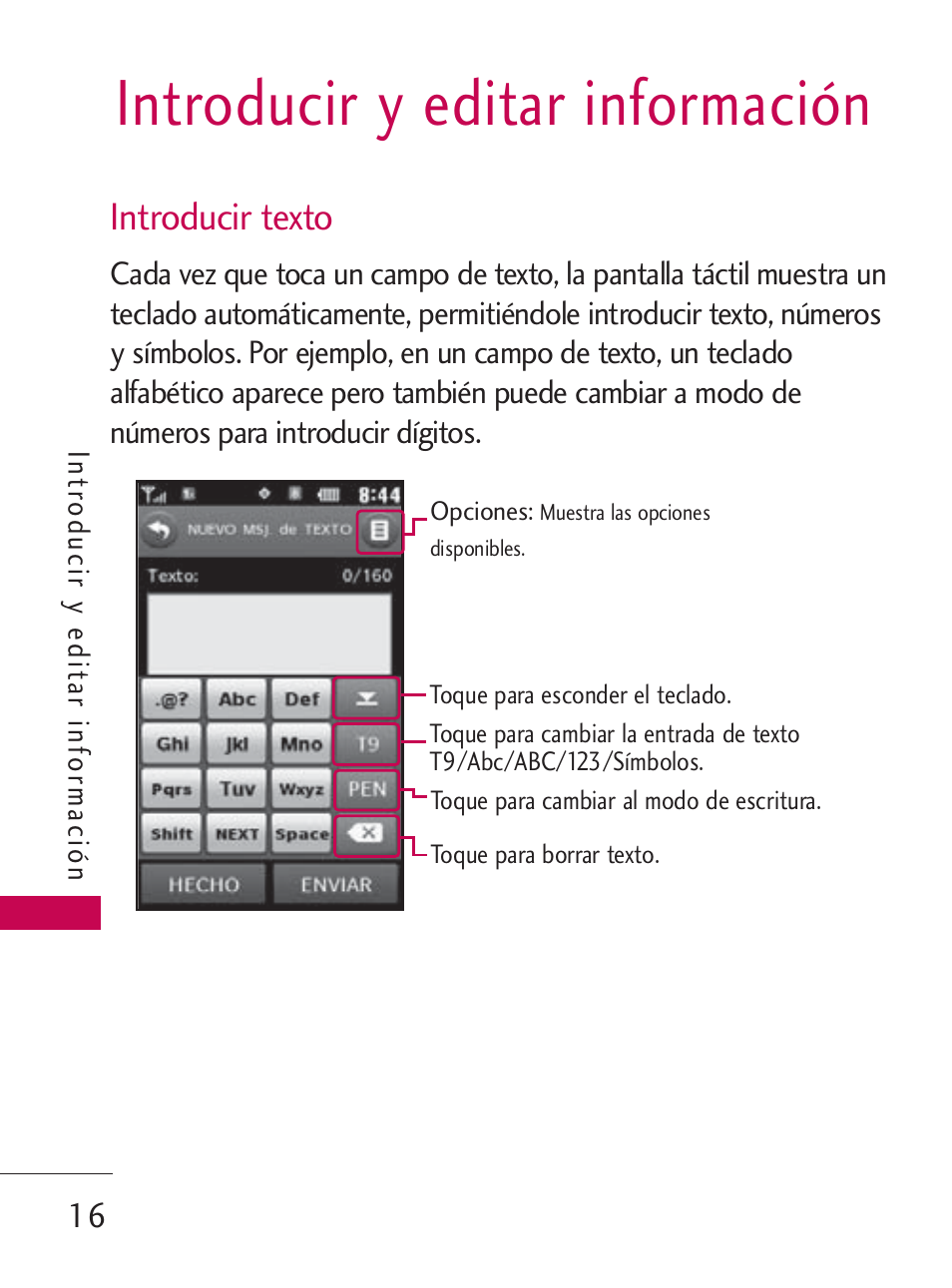 Introducir y editar información, Introducir texto | LG LG505C User Manual | Page 136 / 245