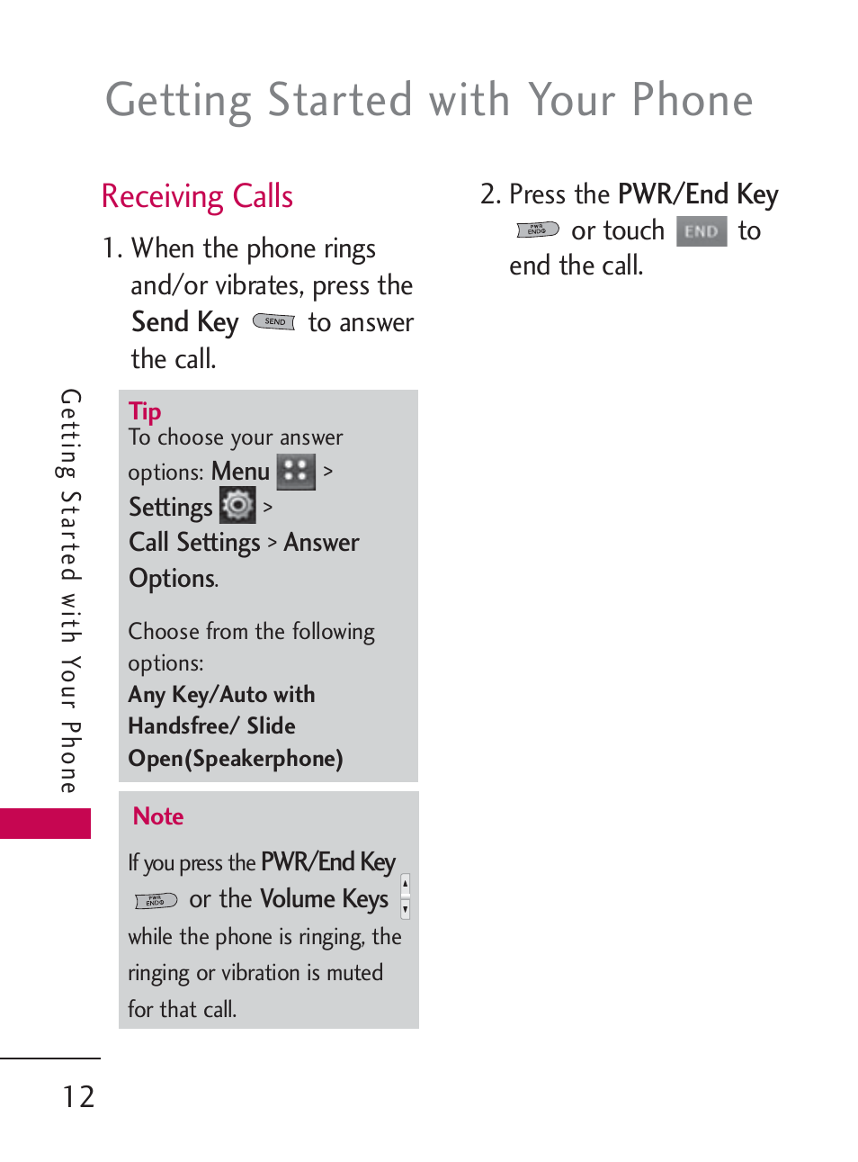 Getting started with your phone, Receiving calls | LG LG505C User Manual | Page 14 / 245