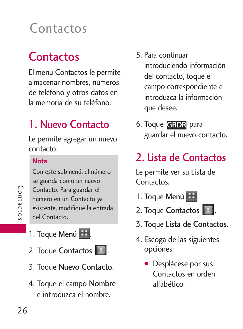 Contactos, Nuevo contacto, Lista de contactos | LG LG505C User Manual | Page 146 / 245