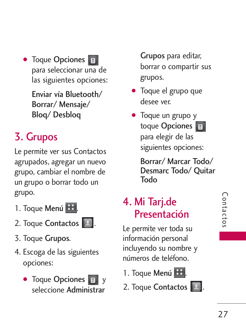 Grupos, Mi tarj.de presentación | LG LG505C User Manual | Page 147 / 245