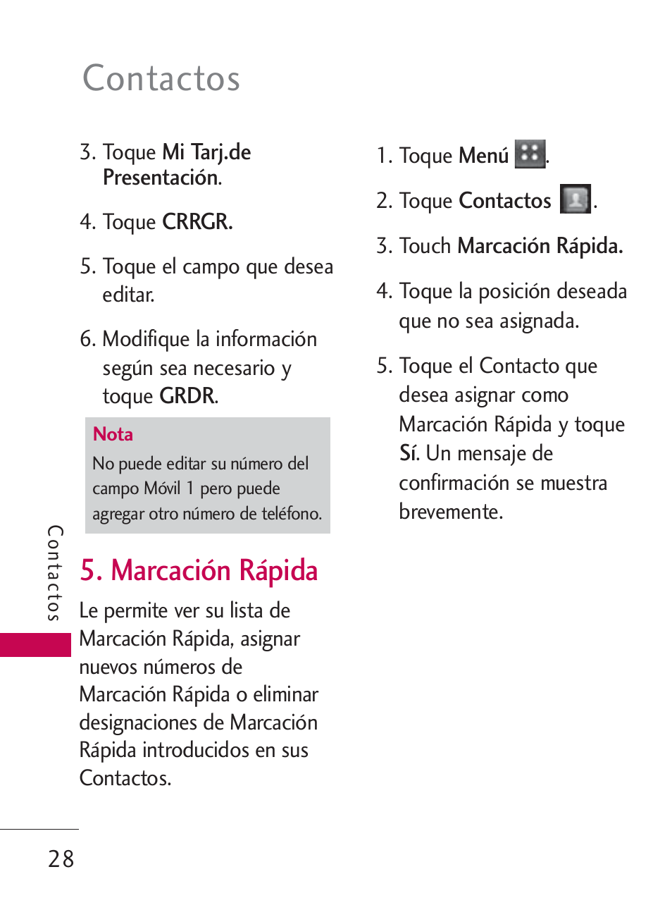 Contactos, Marcación rápida | LG LG505C User Manual | Page 148 / 245