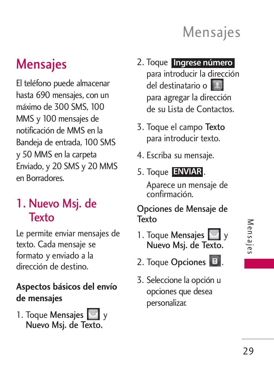 Mensajes, Nuevo msj. de texto | LG LG505C User Manual | Page 149 / 245