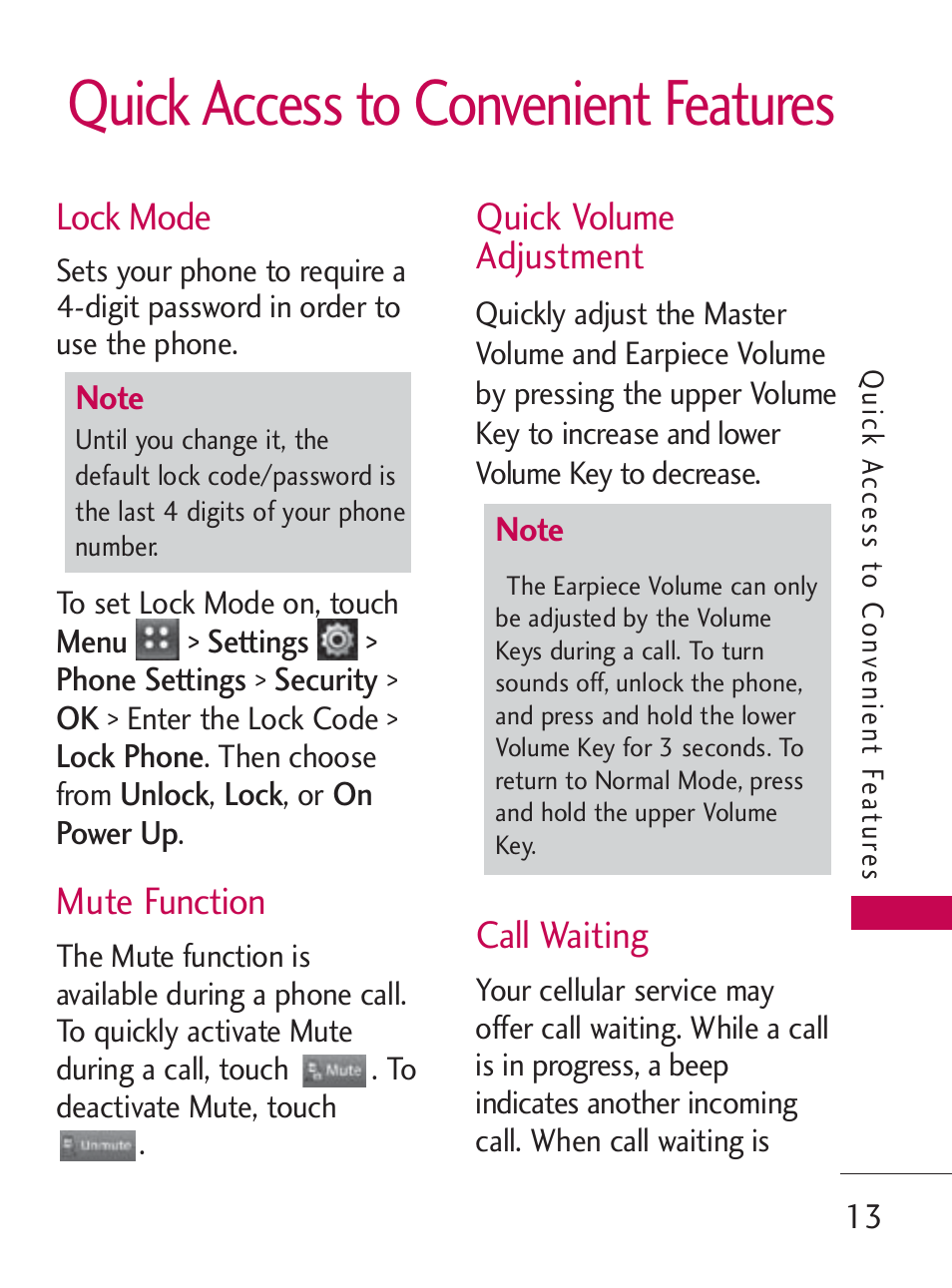 Quick access to convenient features, Lock mode, Mute function | Quick volume adjustment, Call waiting | LG LG505C User Manual | Page 15 / 245