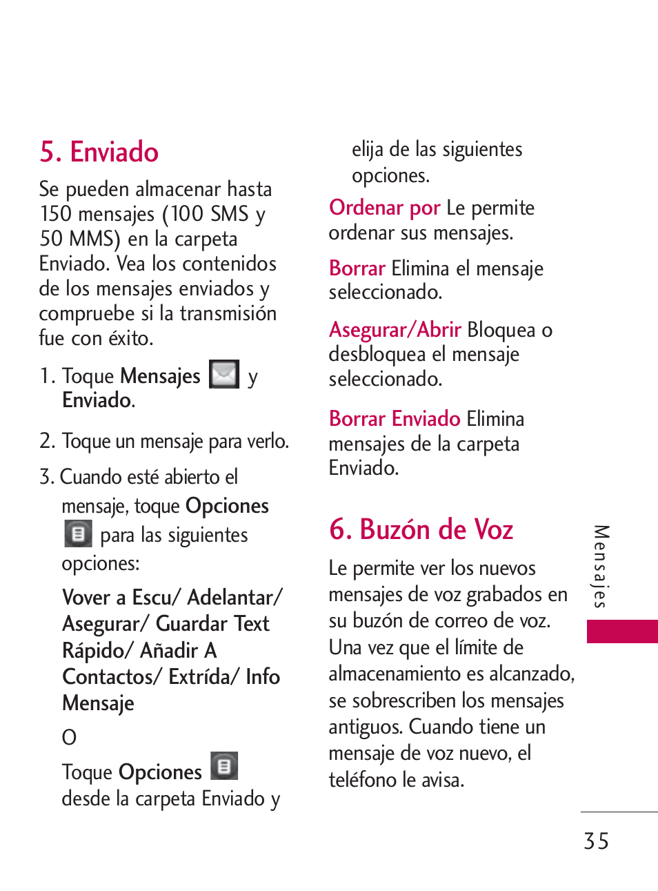 Enviado, Buzón de voz | LG LG505C User Manual | Page 155 / 245