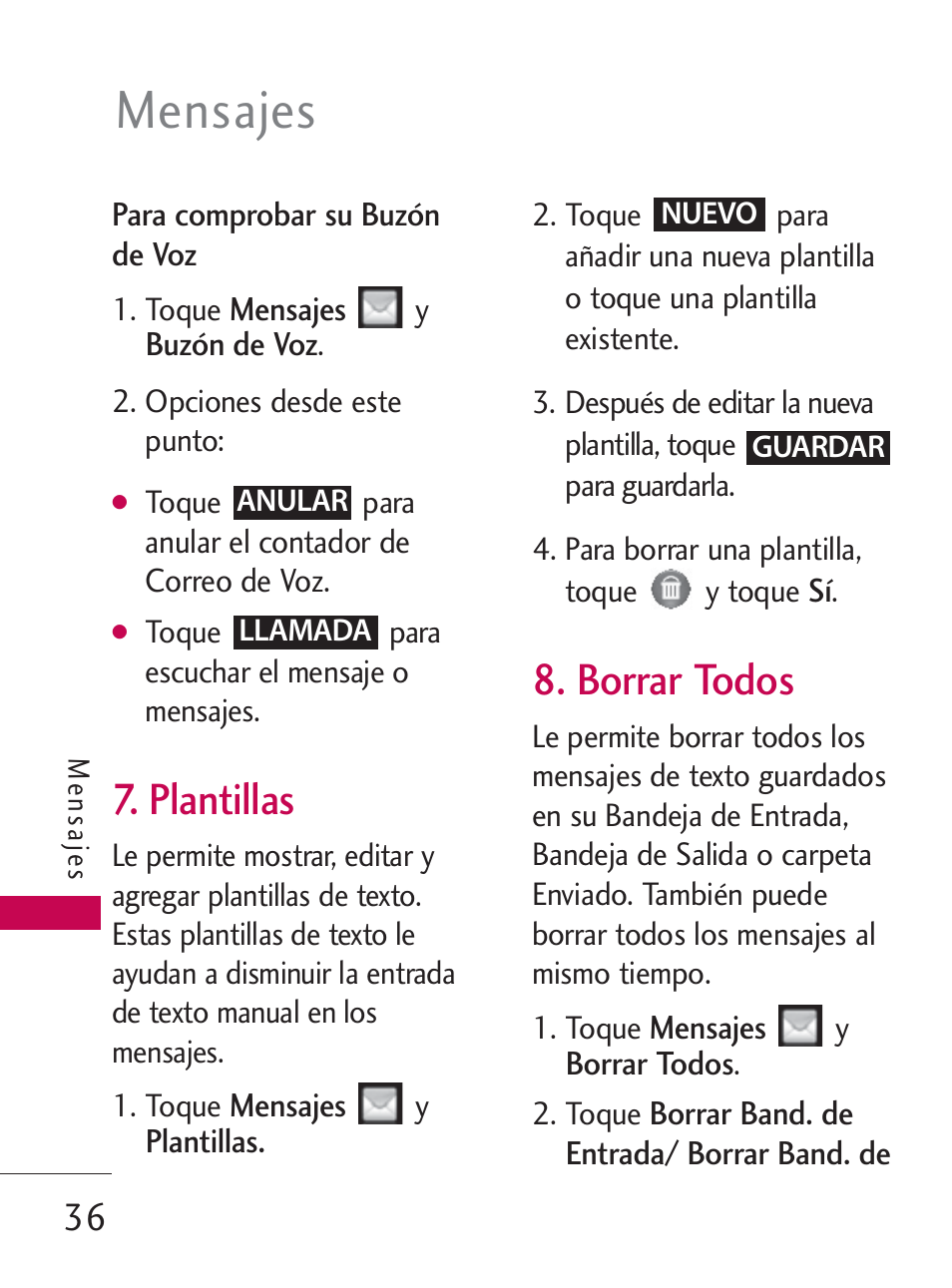 Mensajes, Plantillas, Borrar todos | LG LG505C User Manual | Page 156 / 245