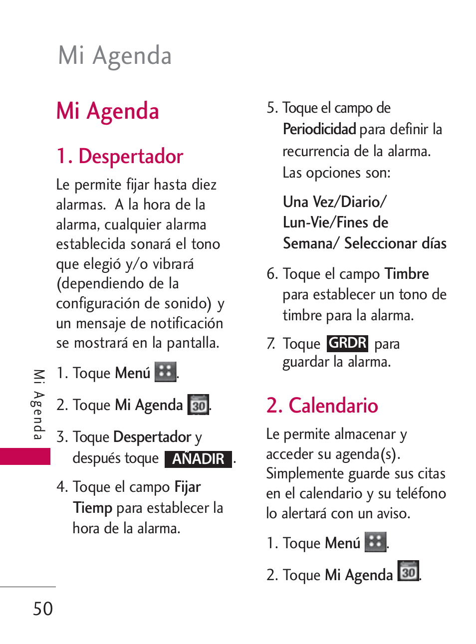 Mi agenda, Despertador, Calendario | LG LG505C User Manual | Page 170 / 245