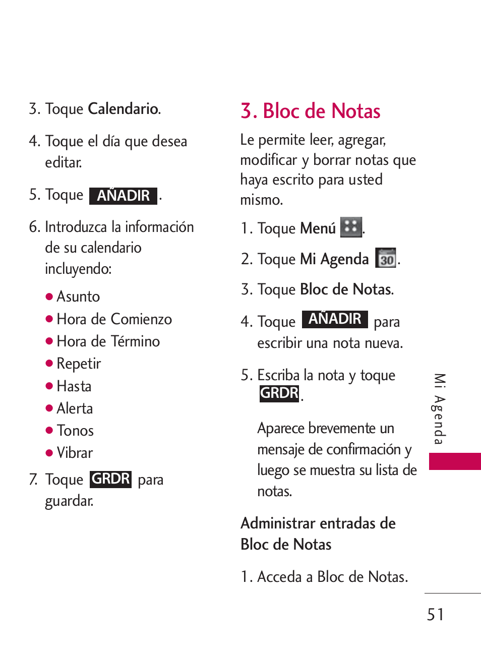 Bloc de notas | LG LG505C User Manual | Page 171 / 245