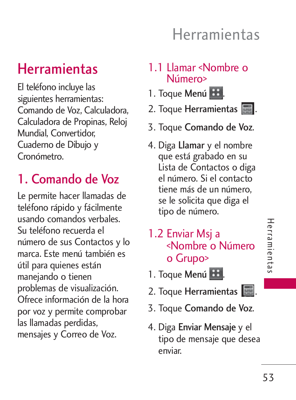 Herramientas, Comando de voz | LG LG505C User Manual | Page 173 / 245