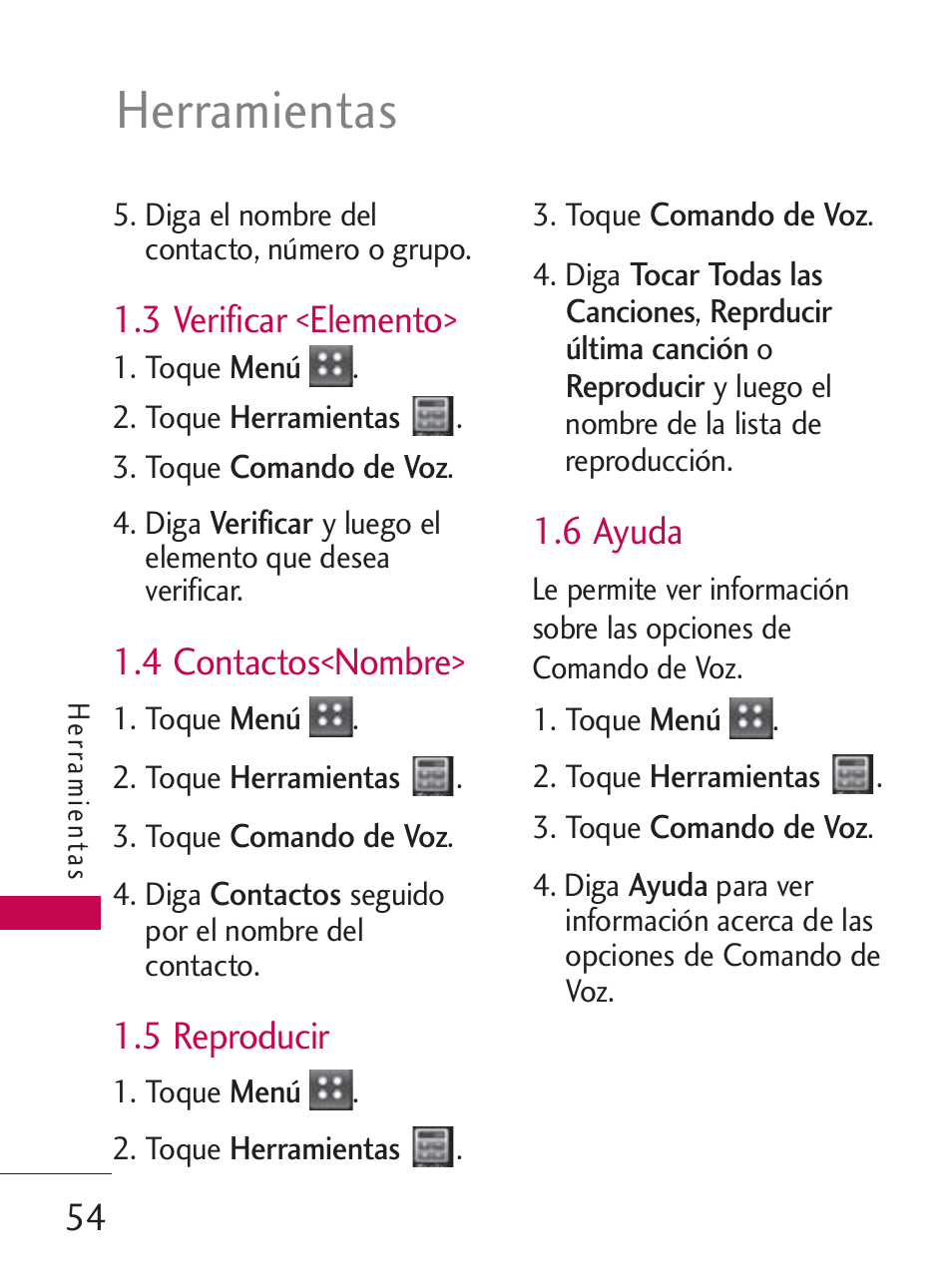 Herramientas, 3 verificar <elemento, 4 contactos<nombre | 5 reproducir, 6 ayuda | LG LG505C User Manual | Page 174 / 245