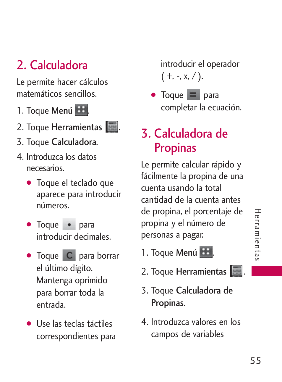 Calculadora, Calculadora de propinas | LG LG505C User Manual | Page 175 / 245