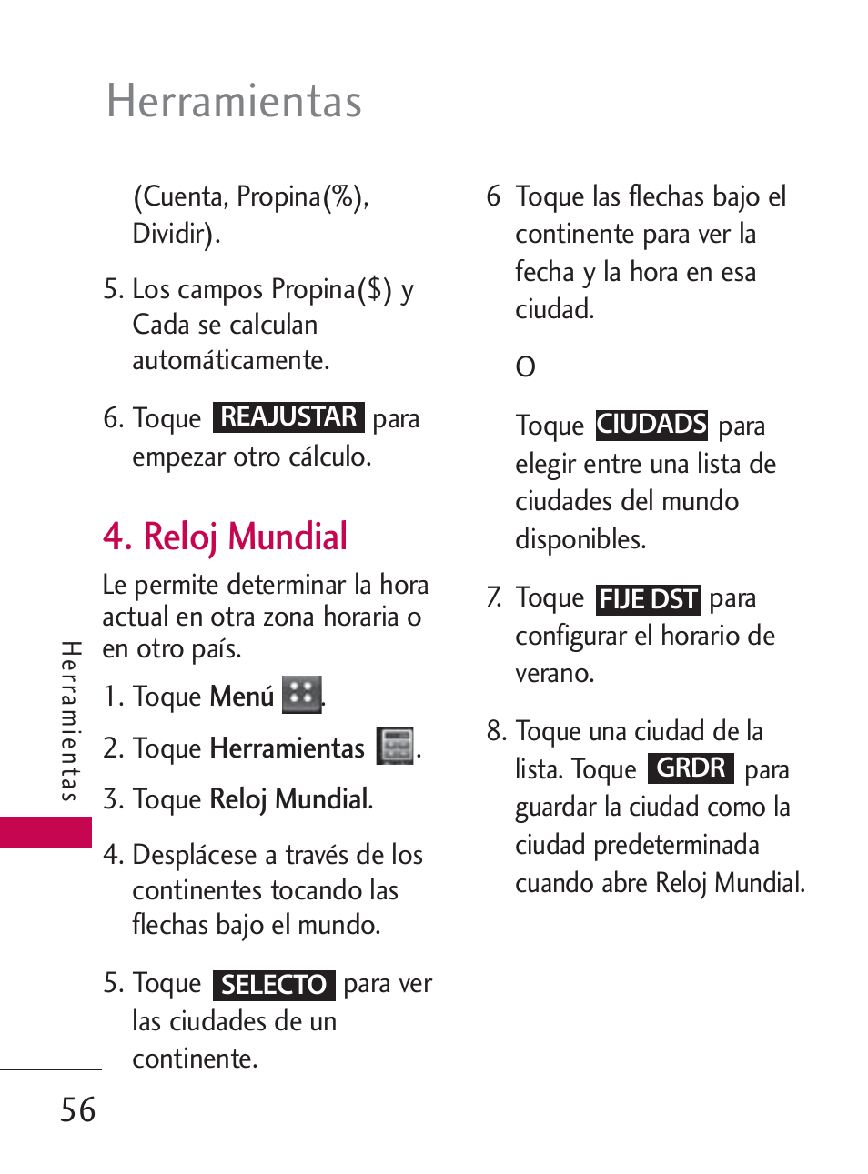 Herramientas, Reloj mundial | LG LG505C User Manual | Page 176 / 245