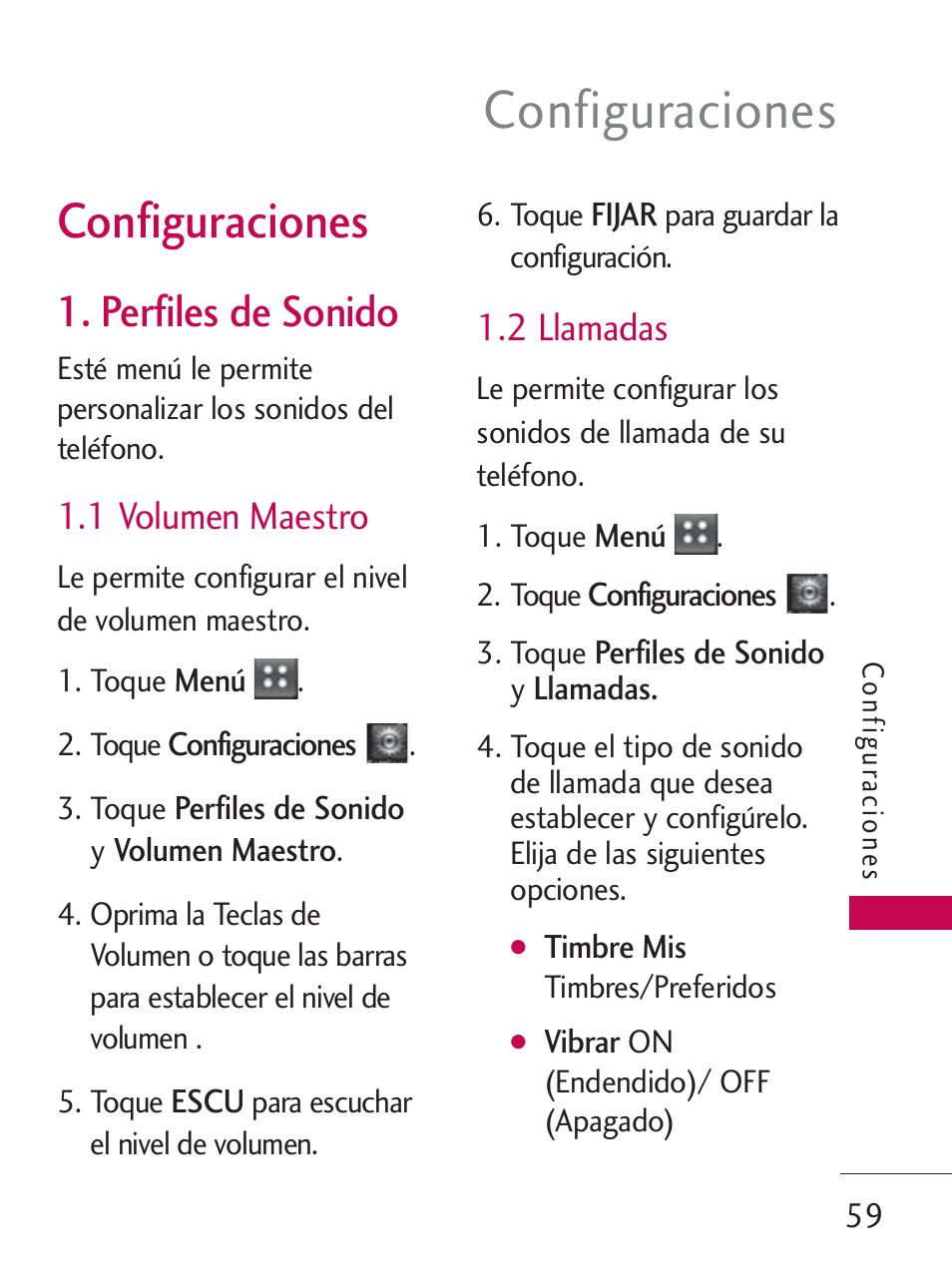 Configuraciones, Perfiles de sonido, 1 volumen maestro | 2 llamadas | LG LG505C User Manual | Page 179 / 245