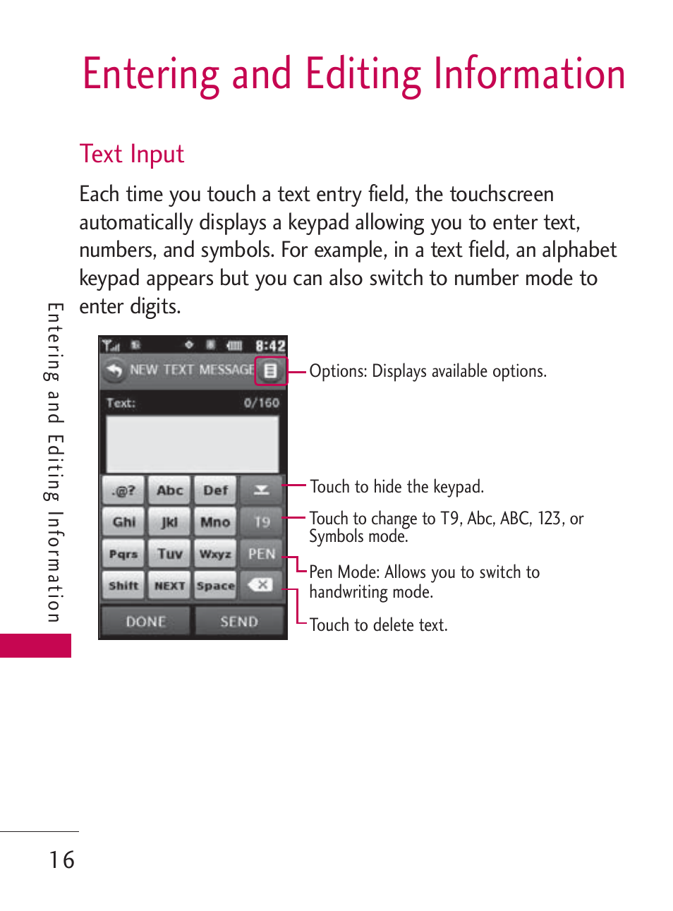 Entering and editing information, Text input | LG LG505C User Manual | Page 18 / 245