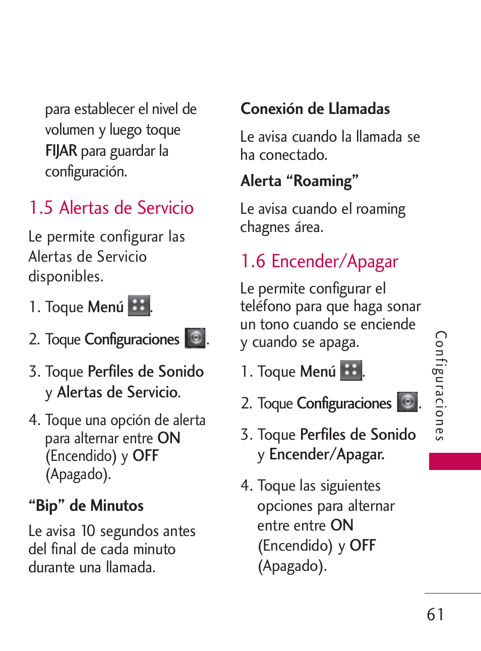 5 alertas de servicio, 6 encender/apagar | LG LG505C User Manual | Page 181 / 245