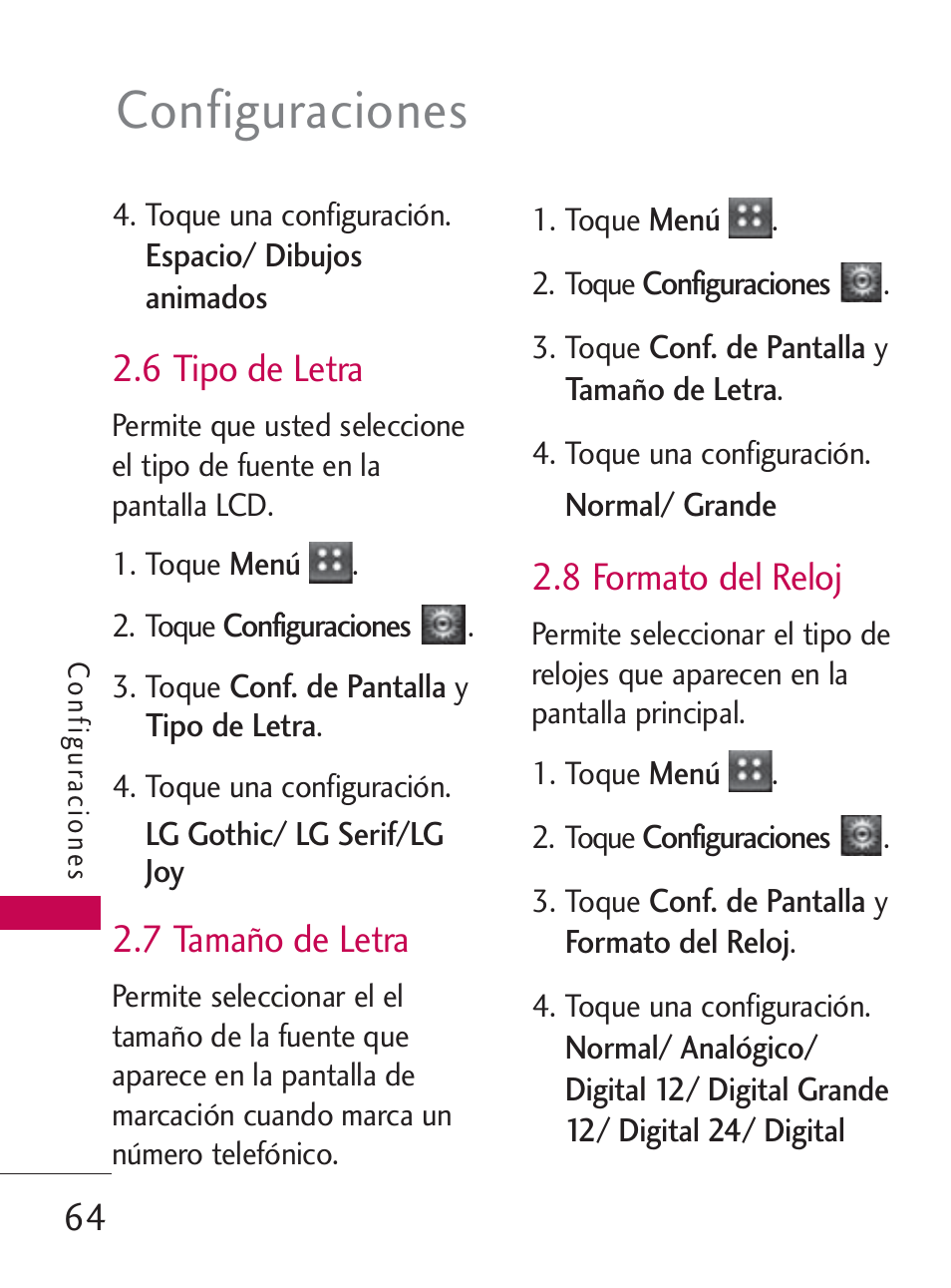 Configuraciones, 6 tipo de letra, 7 tamaño de letra | 8 formato del reloj | LG LG505C User Manual | Page 184 / 245