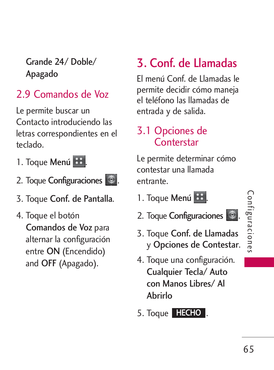 Conf. de llamadas, 9 comandos de voz, 1 opciones de conterstar | LG LG505C User Manual | Page 185 / 245