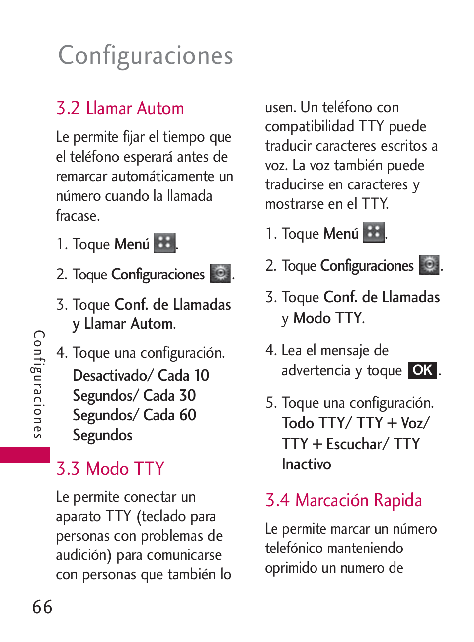 Configuraciones, 2 llamar autom, 3 modo tty | 4 marcación rapida | LG LG505C User Manual | Page 186 / 245