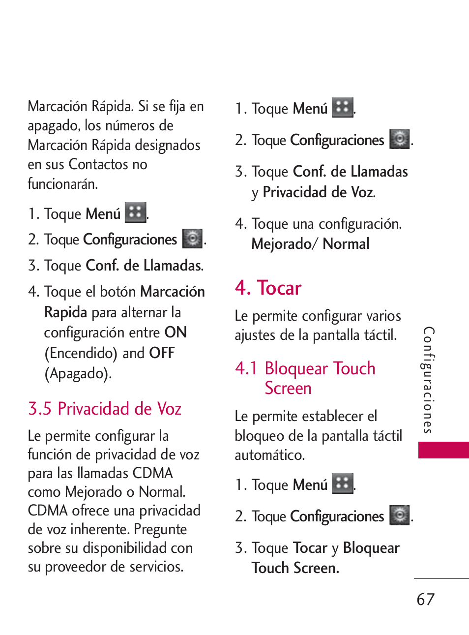 Tocar, 5 privacidad de voz, 1 bloquear touch screen | LG LG505C User Manual | Page 187 / 245