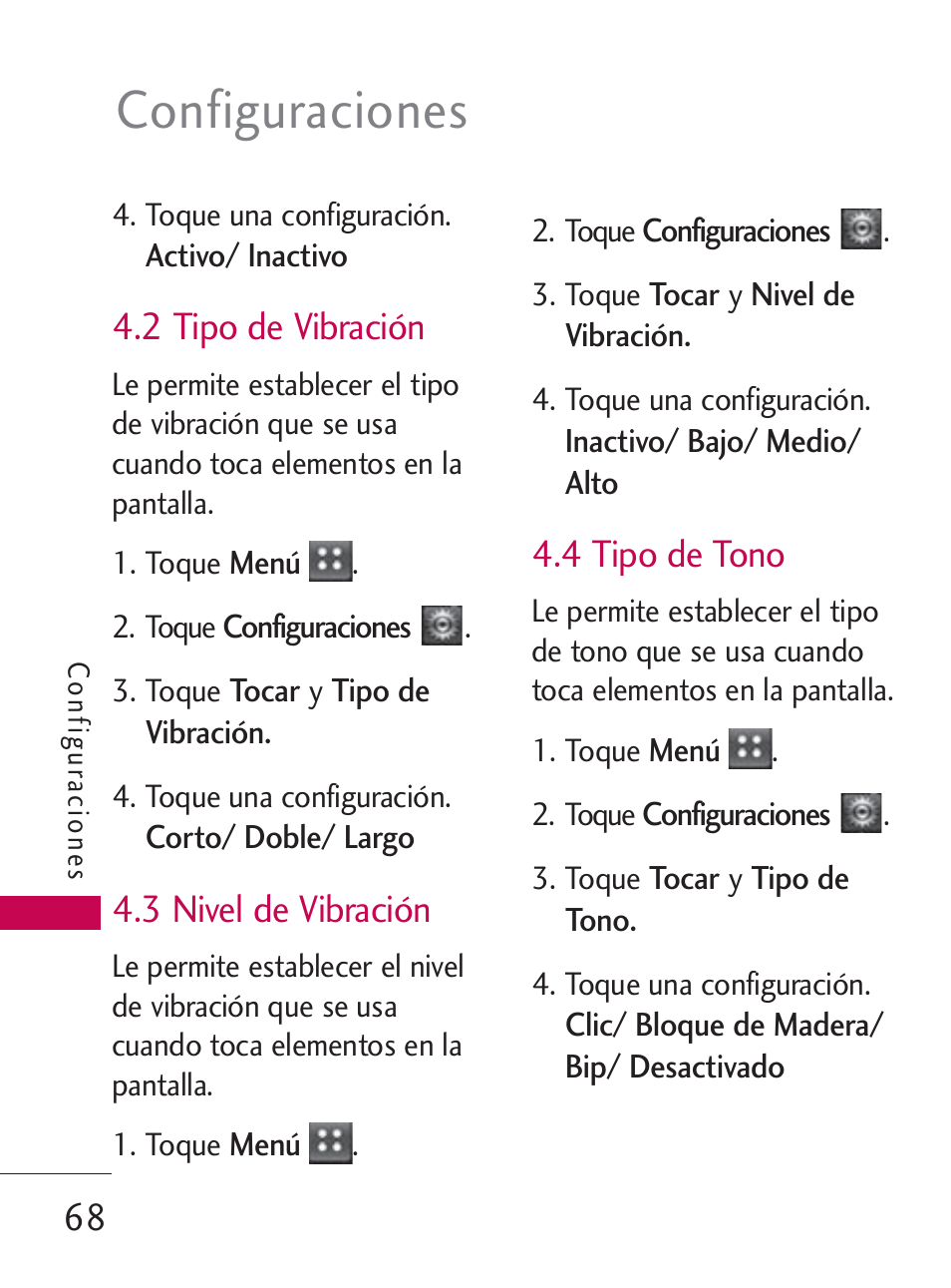 Configuraciones, 2 tipo de vibración, 3 nivel de vibración | 4 tipo de tono | LG LG505C User Manual | Page 188 / 245