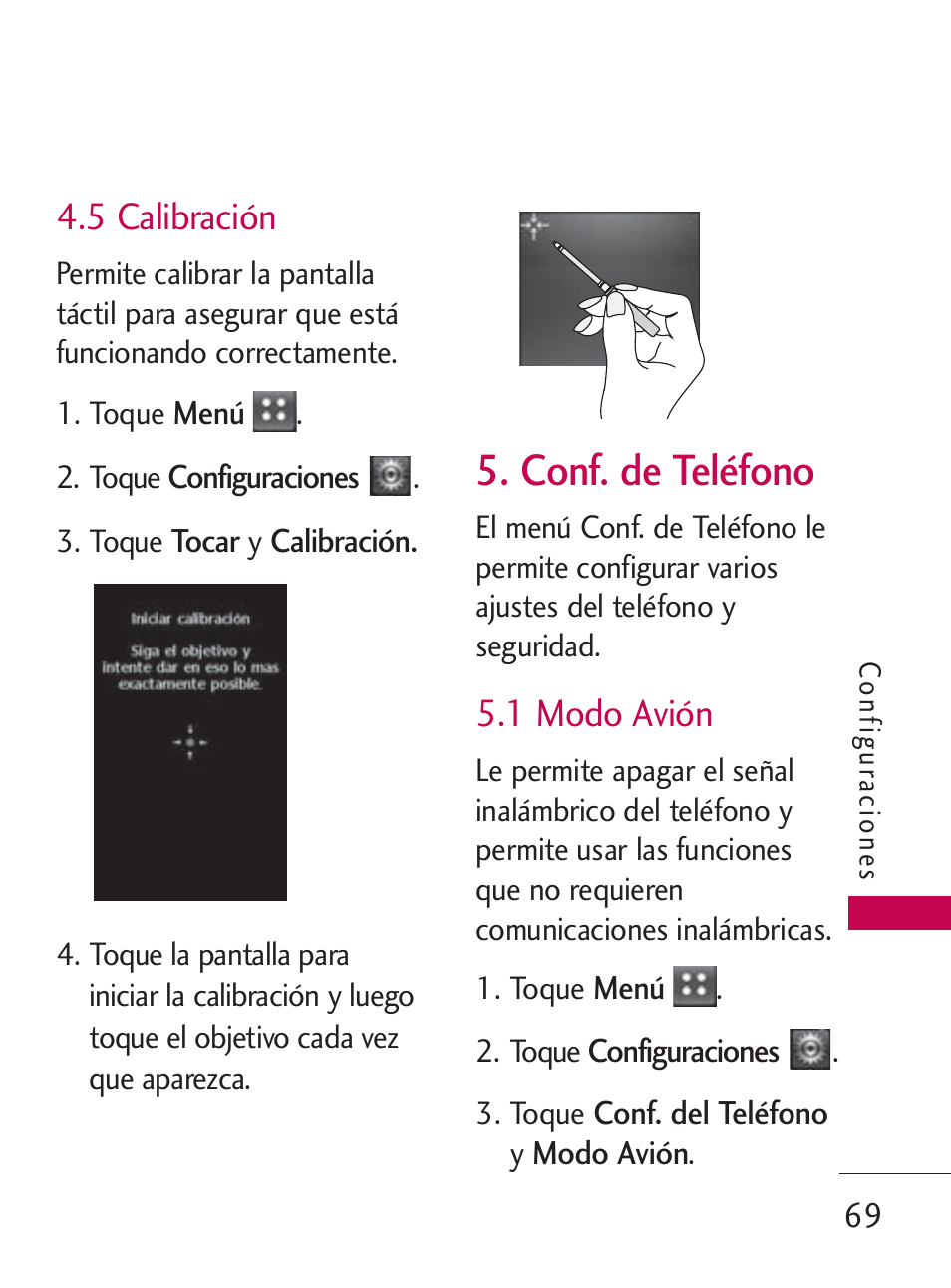 Conf. de teléfono, 5 calibración, 1 modo avión | LG LG505C User Manual | Page 189 / 245