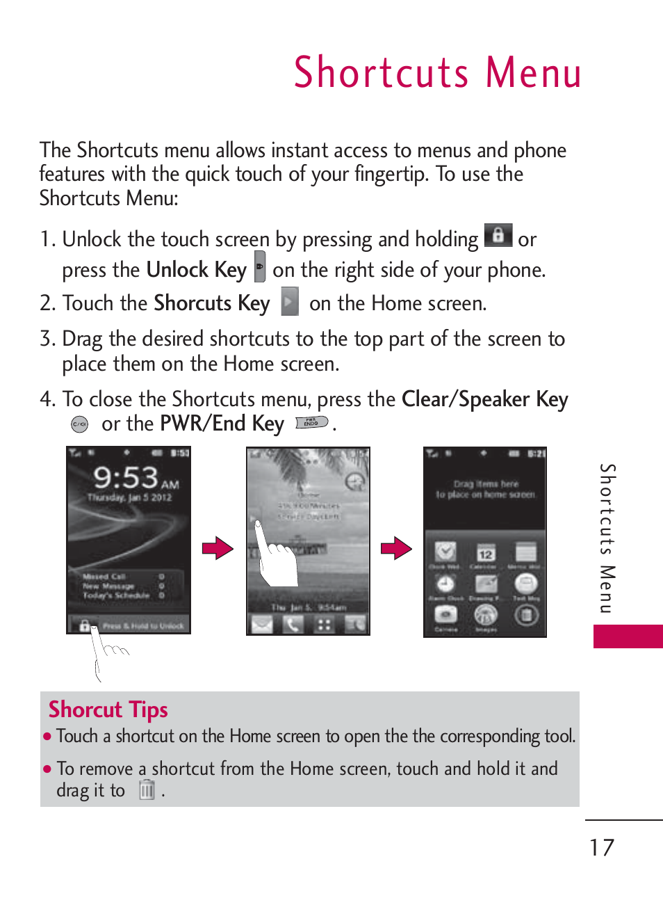 Shortcuts menu | LG LG505C User Manual | Page 19 / 245