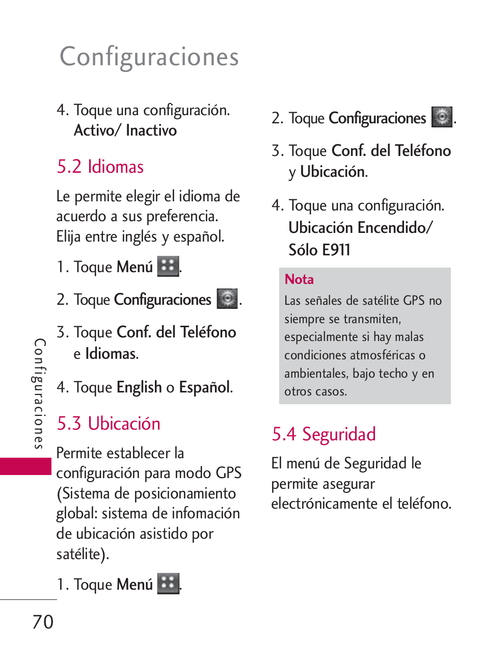 Configuraciones, 2 idiomas, 3 ubicación | 4 seguridad | LG LG505C User Manual | Page 190 / 245