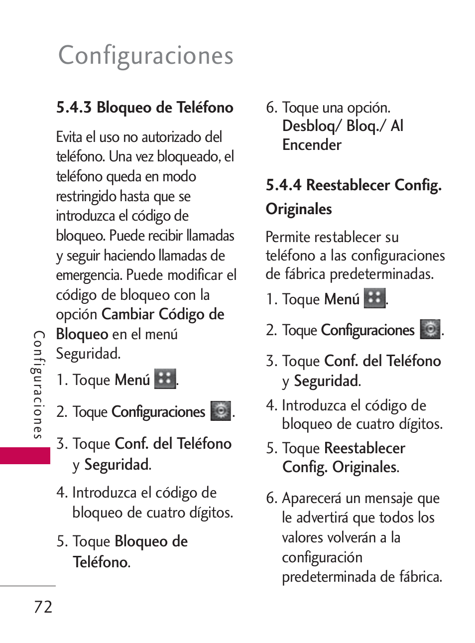 Configuraciones | LG LG505C User Manual | Page 192 / 245