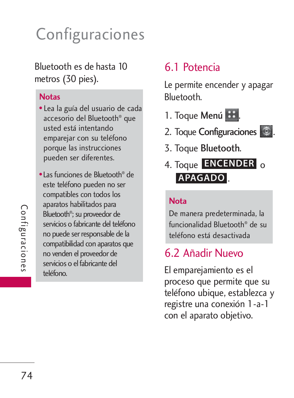 1 potencia, 2 añadir nuevo, Menú | Configuraciones, Bluetooth | LG LG505C User Manual | Page 194 / 245