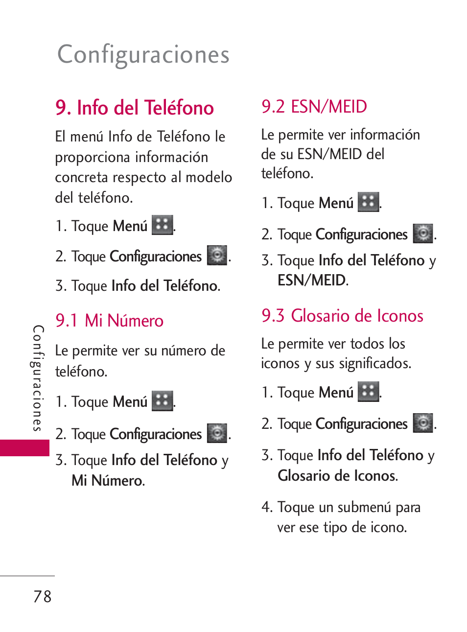 Configuraciones, Info del teléfono, 1 mi número | 2 esn/meid, 3 glosario de iconos | LG LG505C User Manual | Page 198 / 245