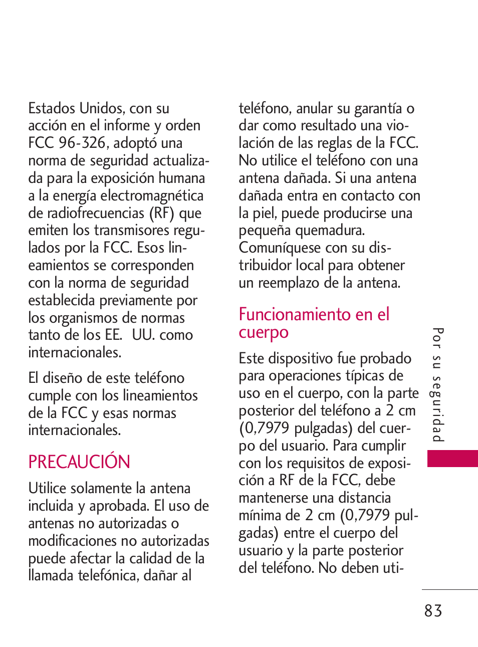 Precaución, Funcionamiento en el cuerpo | LG LG505C User Manual | Page 203 / 245