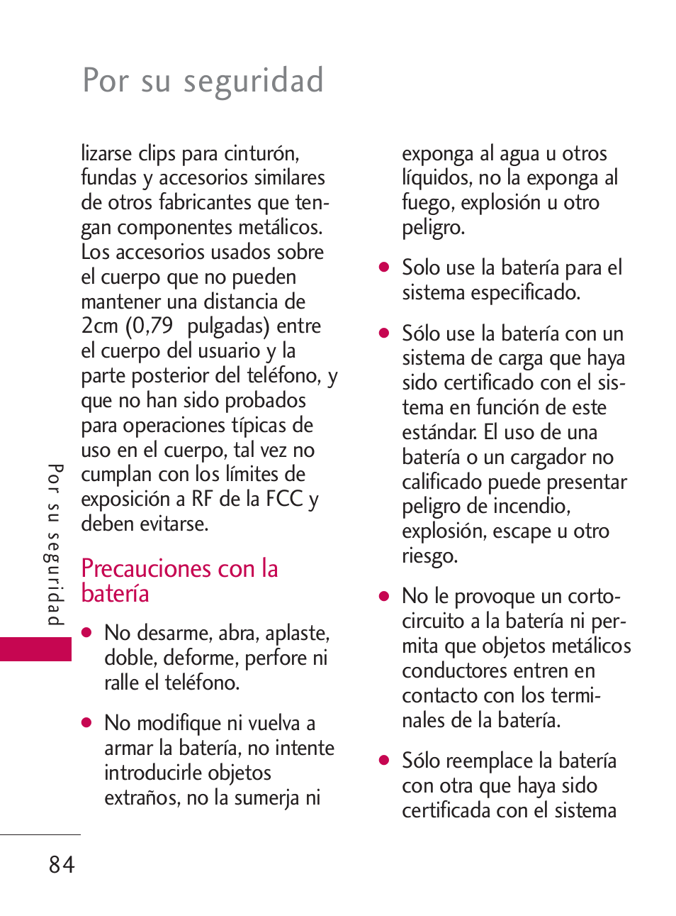 Por su seguridad, Precauciones con la batería | LG LG505C User Manual | Page 204 / 245