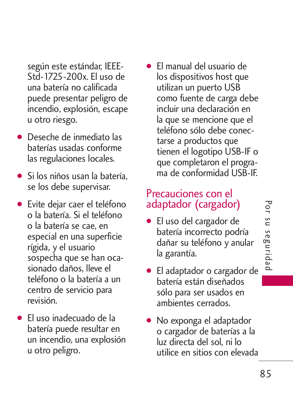 Precauciones con el adaptador (cargador) | LG LG505C User Manual | Page 205 / 245