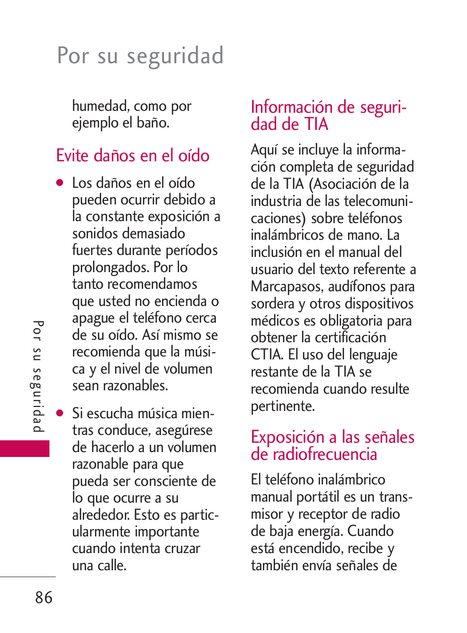 Por su seguridad, Evite daños en el oído, Información de seguri- dad de tia | Exposición a las señales de radiofrecuencia | LG LG505C User Manual | Page 206 / 245