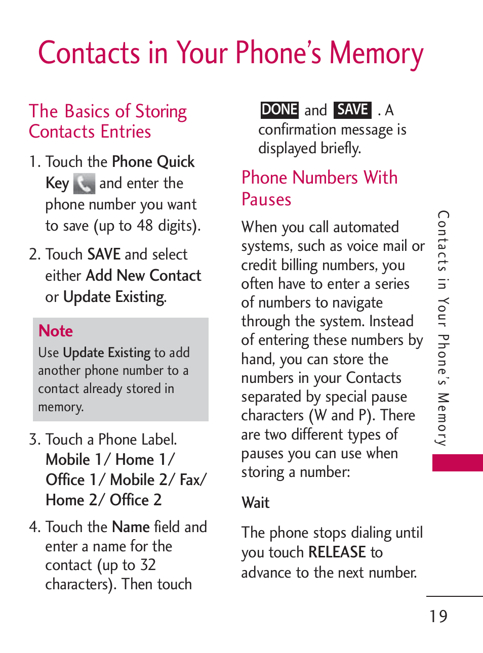 The basics of storing contacts entries, Phone numbers with pauses | LG LG505C User Manual | Page 21 / 245