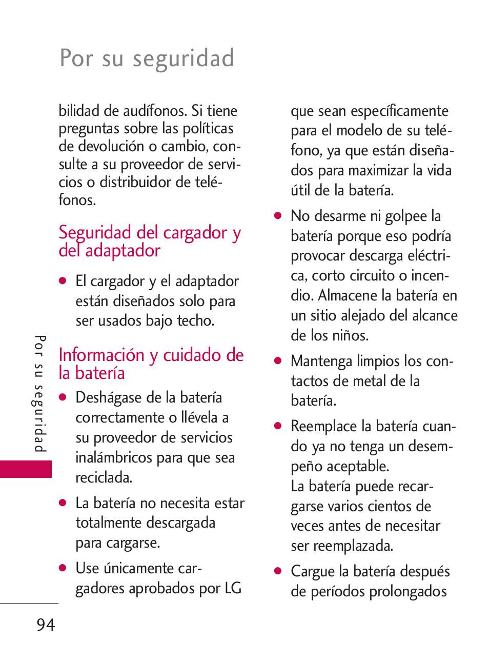 Por su seguridad, Seguridad del cargador y del adaptador, Información y cuidado de la batería | LG LG505C User Manual | Page 214 / 245