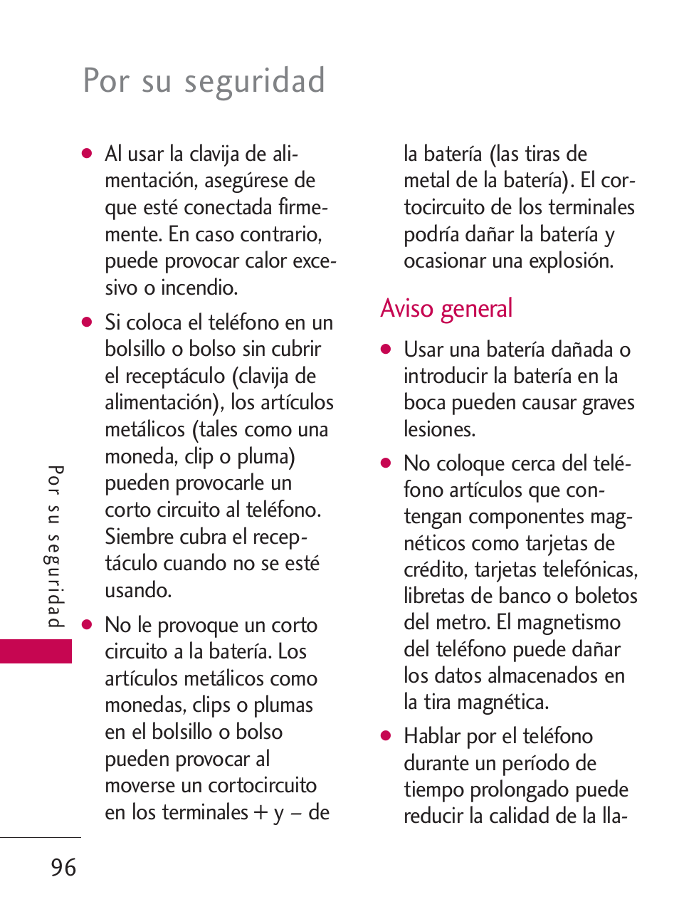 Por su seguridad, Aviso general | LG LG505C User Manual | Page 216 / 245