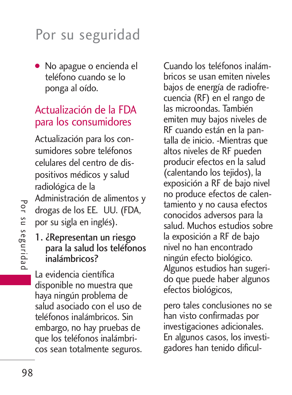 Por su seguridad, Actualización de la fda para los consumidores | LG LG505C User Manual | Page 218 / 245