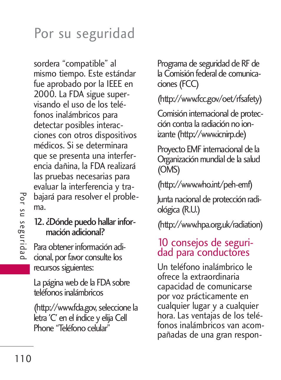 Por su seguridad, 10 consejos de seguri- dad para conductores | LG LG505C User Manual | Page 230 / 245