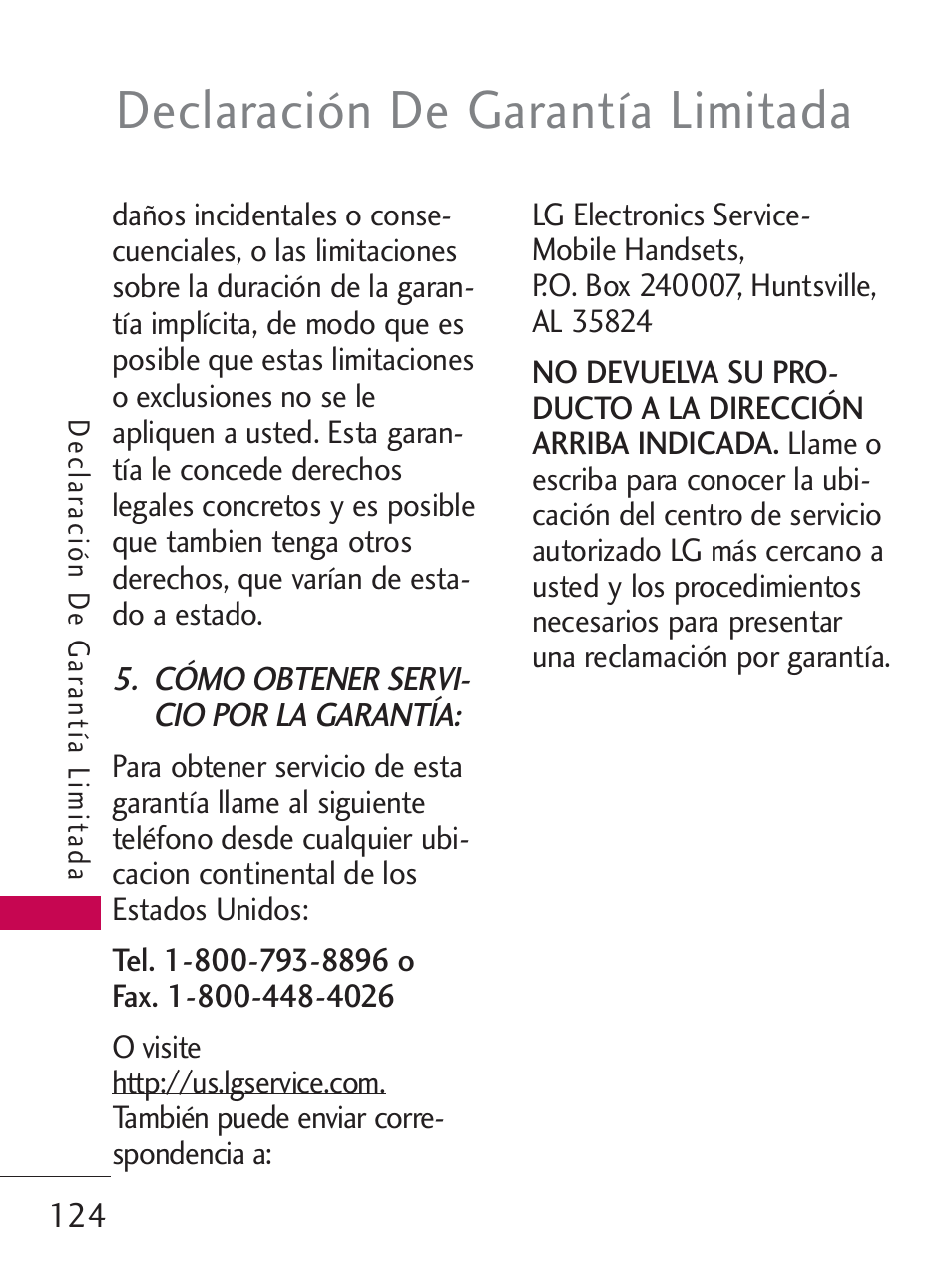 Declaración de garantía limitada | LG LG505C User Manual | Page 244 / 245