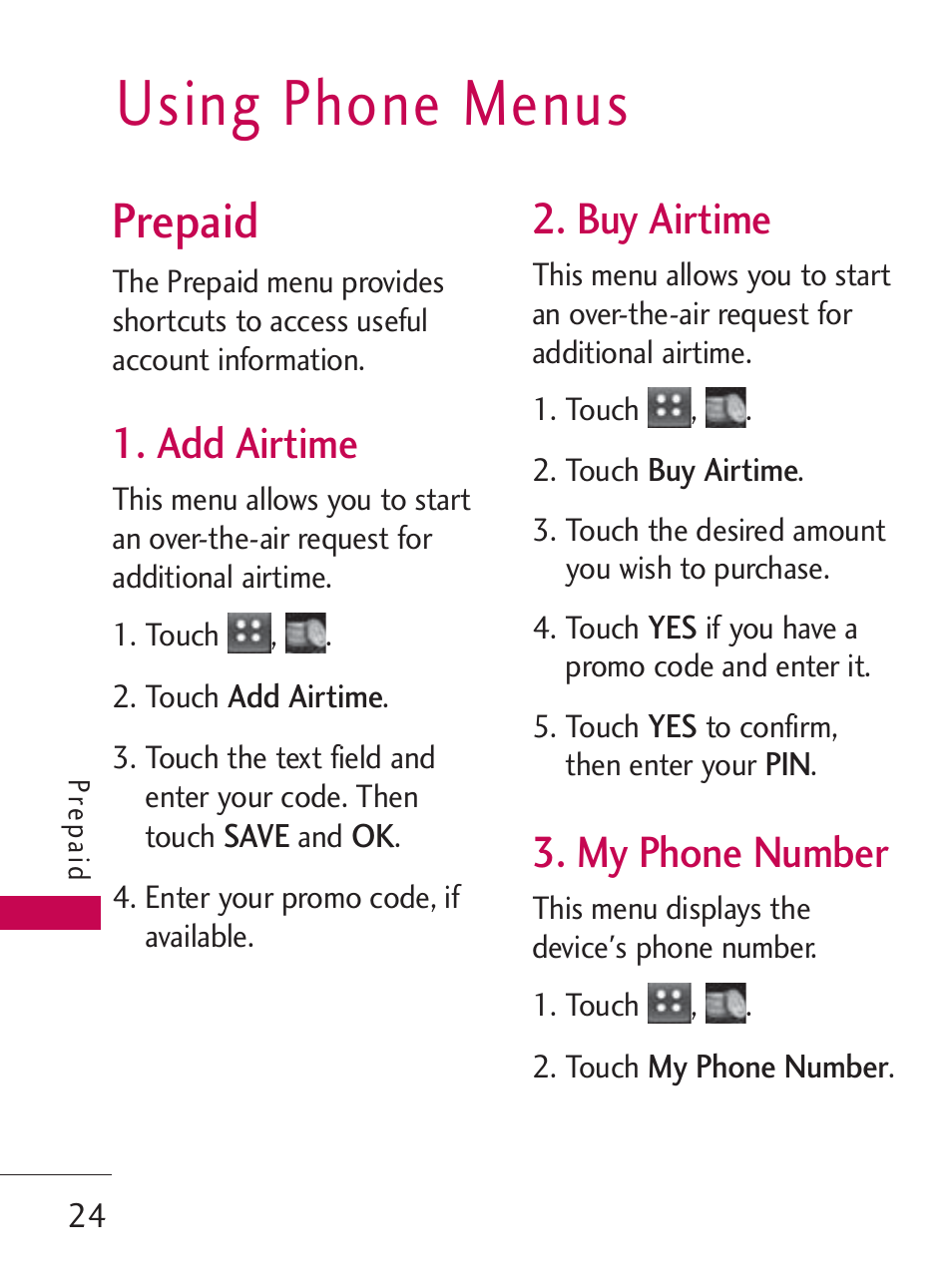 Using phone menus, Prepaid, Add airtime | Buy airtime, My phone number | LG LG505C User Manual | Page 26 / 245