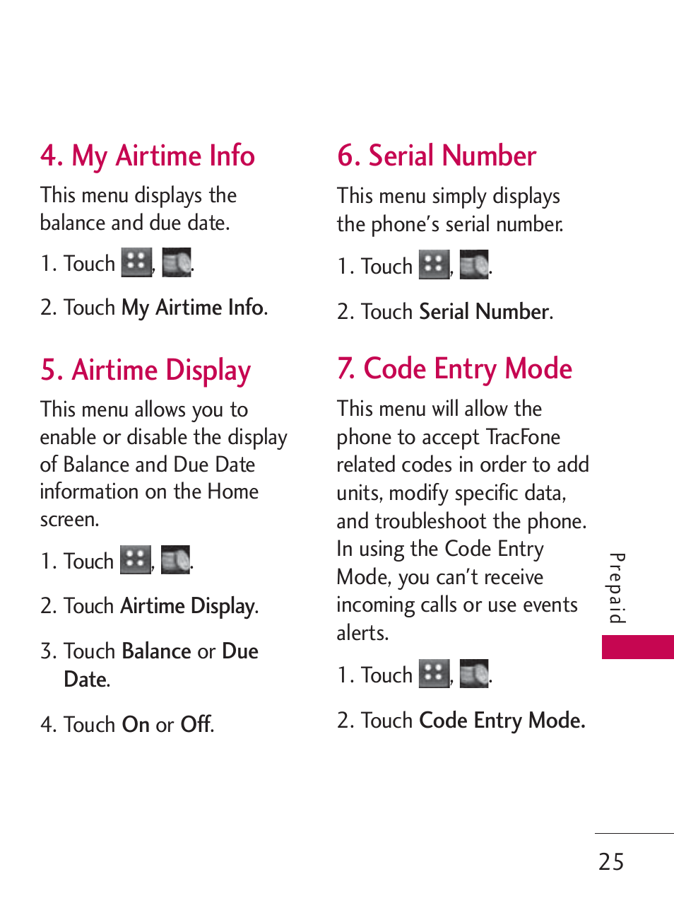 My airtime info, Airtime display, Serial number | Code entry mode | LG LG505C User Manual | Page 27 / 245